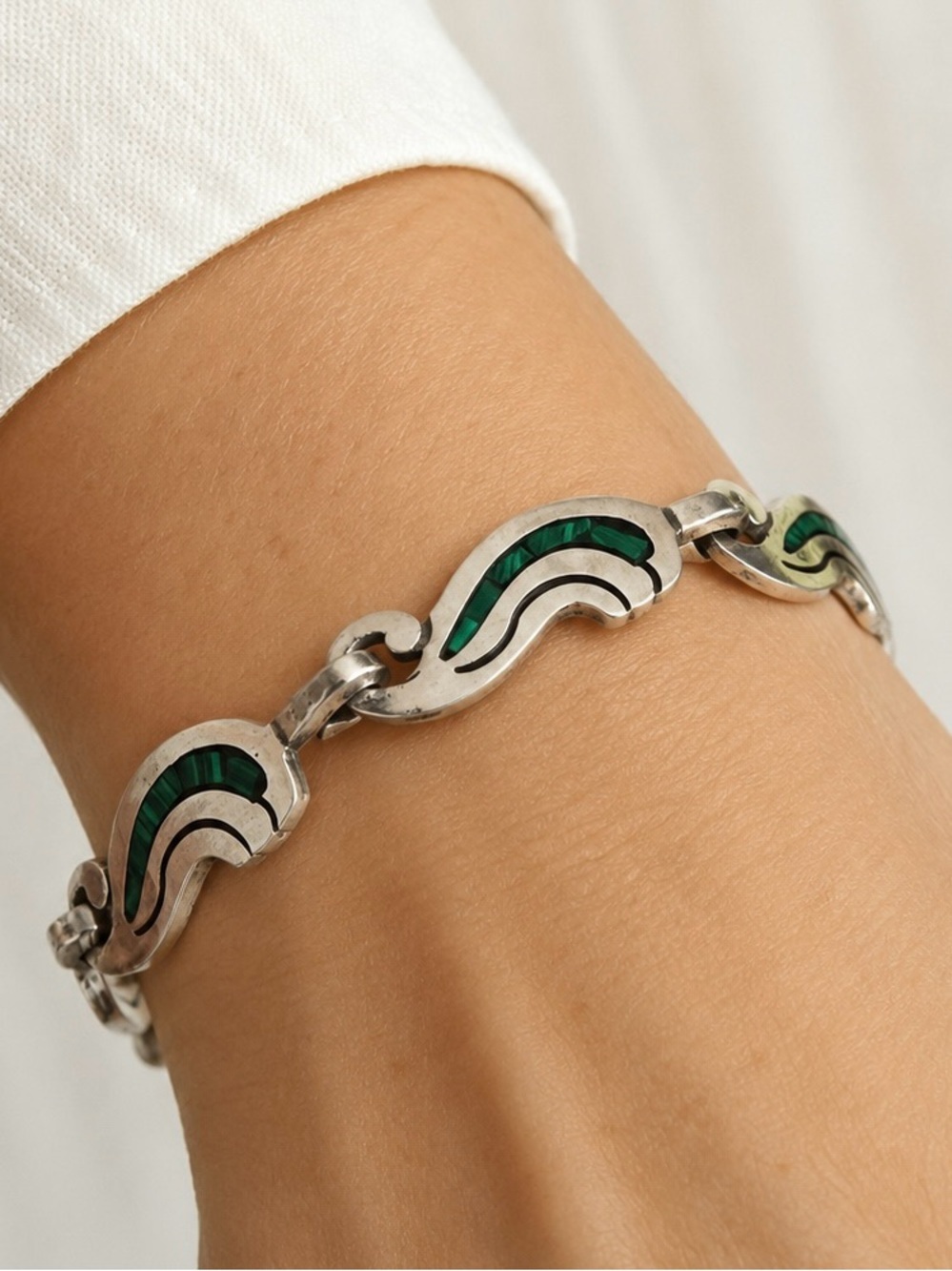 Taxco Mexico Malachite Sterling Silver Bracelet Vintage STUNNING